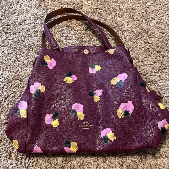 Coach Burgundy Tote with Floral Accents - Picture 1 of 7